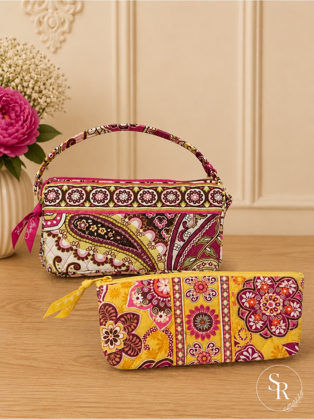 Vera Bradley Very Berry Paisley Wristlet & Bali Gold Cosmetic Pencil Case Set